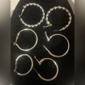 3 Pr Elegant Silver Hoop Earrings Set